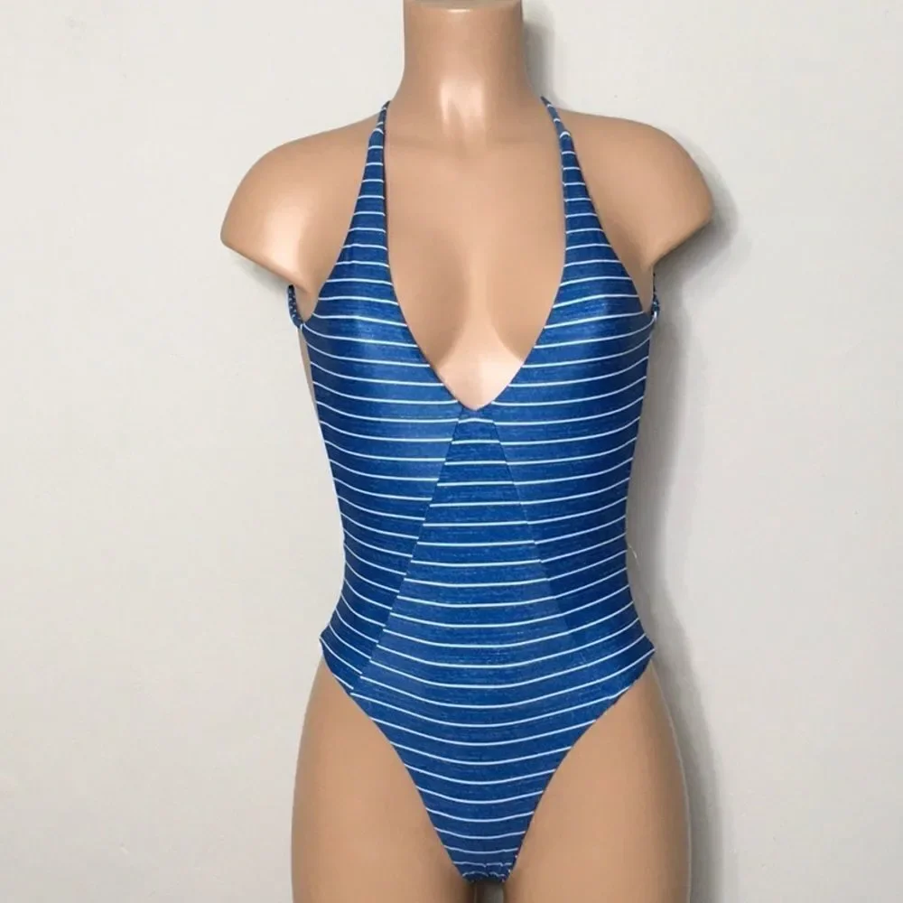 Rip Curl blue stripe plunge neck cheeky swimsuit. New